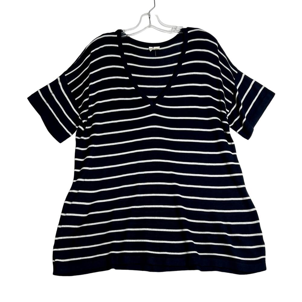 Moth Short Sleeve Striped Knit Pullover Top Tunic Blue White Womens Medium